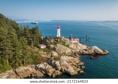 Aerial view of historic landmark Point Atkinson Lighthouse by day in West Vancouver, British Columbia, Canada. Foto stock © 