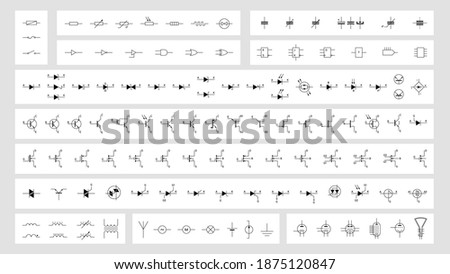 Advanced collection of electric and electronic symbols and icons, such as resistors, capacitors, transistors, diodes, logic gates and circuits, inductors, generators, and more. Vector illustration