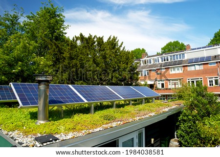 Solar panels on a green roof with flowering sedum plants