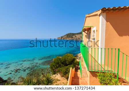 Apartment house view bay beach mountains, Camp de Mar, Majorca island, Spain