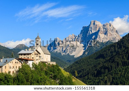 View of church on top of hill in village of Pian, Sudtirol, Dolomiti Mountains, Italy