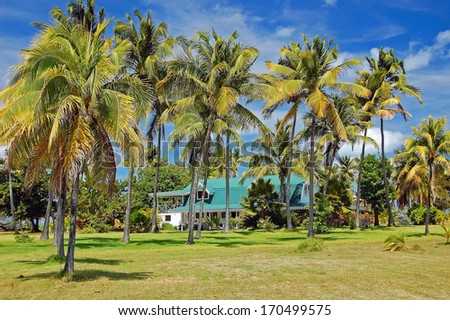 PALM ISLAND, CARIBBEAN SEA AREA - MARCH 10: luxury holiday villa in palm tree tropical garden on Palm island on 10th March 2009.