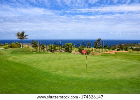 Green grass area in golf resort of Buenavista del Norte, Tenerife, Canary Islands