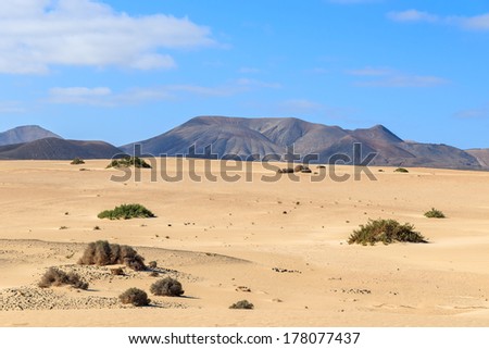 Volcanic mountains in desert landscape of sand dunes in Corralejo National Park, Fuerteventura, Canary Islands, Spain