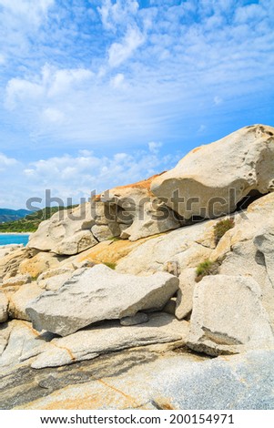 White rocks and stones on coast of Sardinia island near Spiaggia del Riso beach, Italy