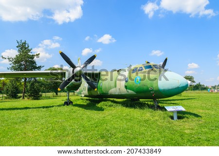 KRAKOW MUSEUM OF AVIATION, POLAND - JUL 27, 2014: bomber aircraft on exhibition in outdoor museum of aviation history in Krakow, Poland. In summer often airshows take place here.