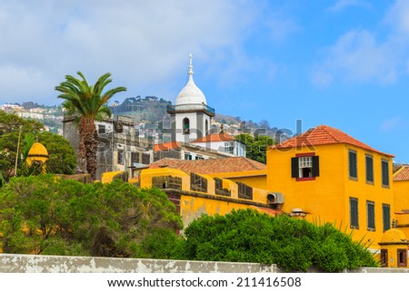 Palm tree and historic yellow castle building Fortaleza de Sao Tiago in Funchal town, Madeira island, Portugal