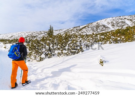 Young woman backpacker tourist on hiking trail in winter landscape of Gasienicowa valley, Tatra Mountains, Poland