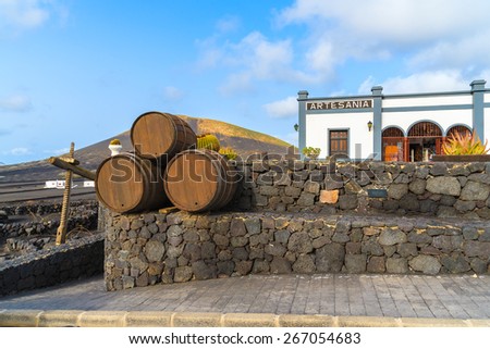 LA GERIA WINERY, LANZAROTE ISLAND - JAN 14, 2015: Wine oak barrels on terrace of winery in La Geria region of Lanzarote island. Grapes cultivated on volcanic soil are famous for their flavour.