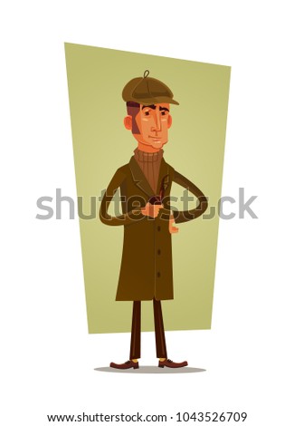 Detective character thinking and smoking tobacco pipe. Vector cartoon illustration
