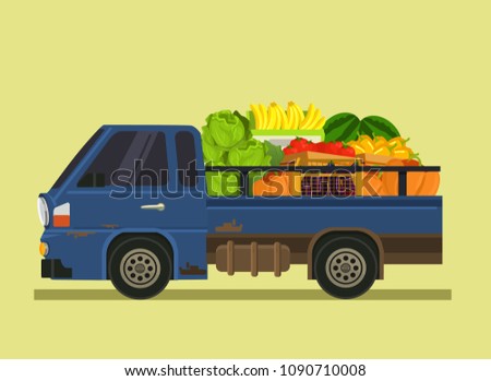 Car machine full of vegetables fruit. Farm agriculture summer time isolated cartoon flat illustration