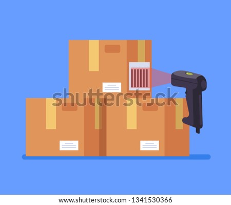 Barcode scanner scanning box label information data. Cargo delivery sale concept. Vector flat cartoon graphic design isolated icon illustration