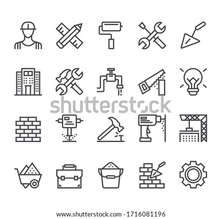 Construction tool line icon isolated set. Vector flat cartoon graphic design illustration