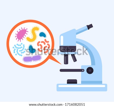 Microorganisms under microscope concept. Vector flat cartoon graphic design illustration