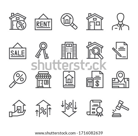 Real estate house rent sale line icon isolated set. Vector flat cartoon graphic design illustration