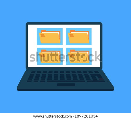Laptop computer with folder on screen. File organization concept. Vector flat graphic design illustration