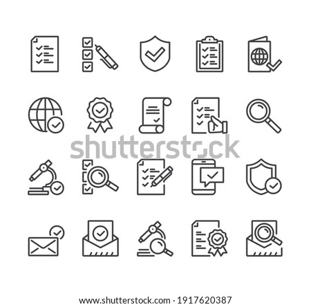 Check testing examination tick approve checkmark. Flat lined thin isolated icon set
