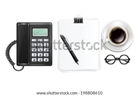 Vector Cup of Coffe with Glasses and Blank Sheets of Paper