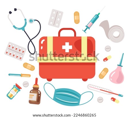 First aid kit medical emergency bag with medicine tools. Doctors medication for treatment healthcare concept set. Vector graphic design illustration