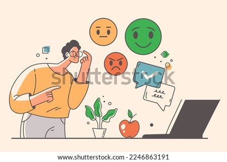 Sentiment analysis test emotions by artificial intelligence technologies concept. Speech bubbles with emoji face. Vector graphic design illustration