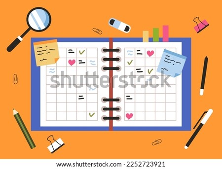 Open planner dairy with notes and stationery tools laying on table top view. Reminder notebook concept. Vector cartoon graphic design element illustration