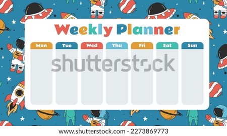 Week planner calendar schedule space style for kids concept. Vector graphic design element illustration