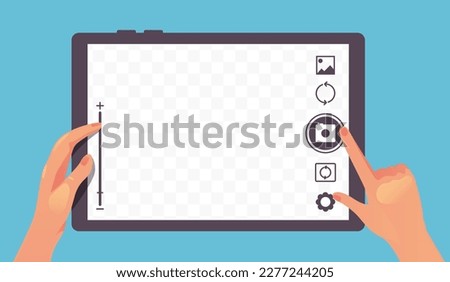 Photo phone take picture with camera. Hand push device button concept. Vector graphic design element illustration