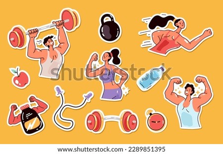 Sport sticker workout equipment fit isolated set. Vector cartoon graphic design element illustration