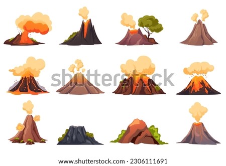 Volcano eruption fire mountain lava isolated on white background set. Vector graphic design element illustration
