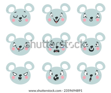Cute mouse face character emoji emotion expression isolated set. Vector flat graphic design illustration