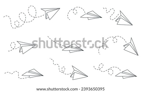 Paper airplane plane fly aeroplane isolated set. Vector graphic design illustration