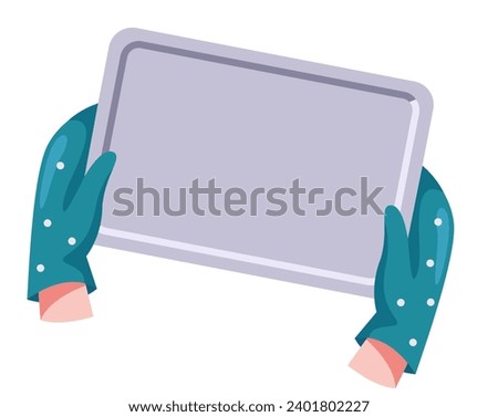 Empty tray in hand arm concept. Vector flat graphic design illustration