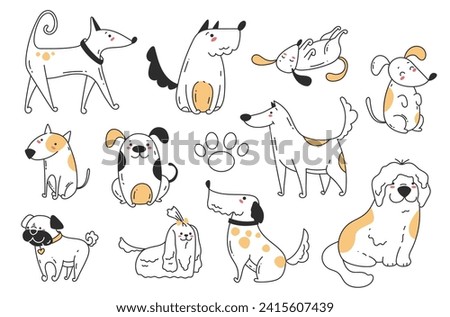 Doodle sketch line art animal dogs puppy characters hand drawn isolated set. Vector graphic design element illustration