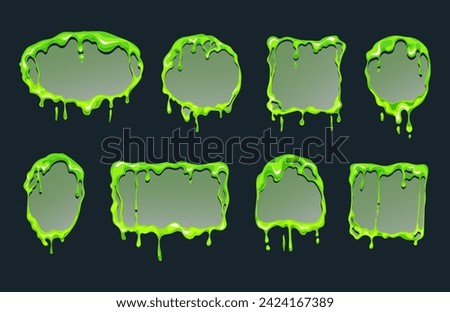 Green slime goo flows frames with different shapes. Mucus fluid cartoon style concept. Vector graphic design illustration