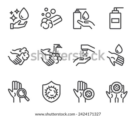 Hand washing line icons. Set of outline symbols, simple graphic elements, modern linear style black pictograms collection. Washing hands, hygiene, handwashing concepts. Vector line icons set