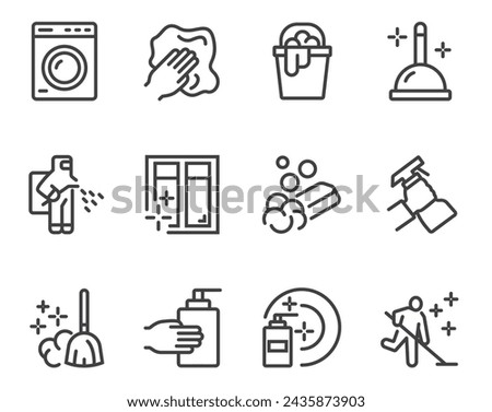 Cleaning housekeeping washing line icon isolated set. Vector flat graphic design