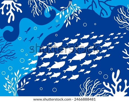 Fish shoal ocean seaweed underwater silhouette concept. Vector flat graphic design illustration