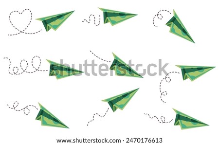 Money airplane paper banknote fly isolated set concept. Vector flat graphic design illustration