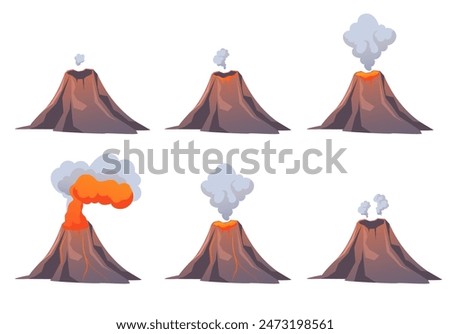 Volcano eruption steps isolated set. Vector graphic design illustration
