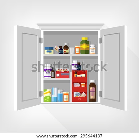 Cupboard with medicines. Vector flat illustration