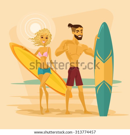 Surfing couple. Vector flat cartoon illustration