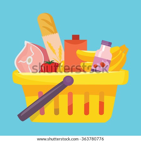 Shopping basket with foods. Vector flat illustration