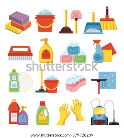 Household supplies and cleaning flat icons set.