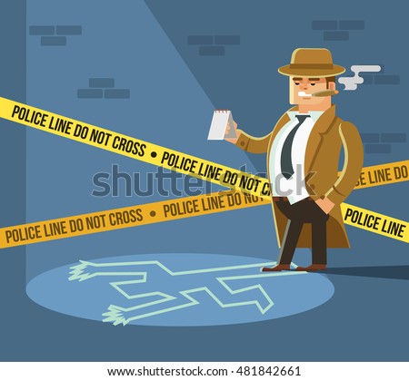 Detective At Crime Scene. Dead Body. Vector Flat Cartoon Illustration ...