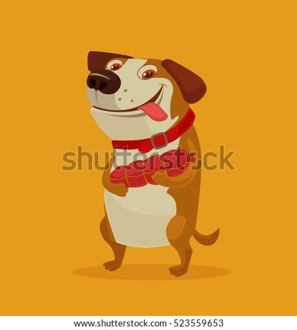 Happy dog character hold sausage. Vector flat cartoon illustration