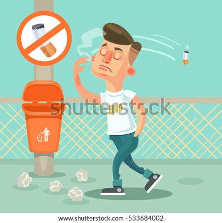 Bad boy man character throw garbage. Vector flat cartoon illustration