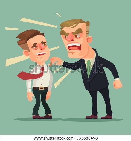 Boss man character screams on worker. Vector flat cartoon illustration