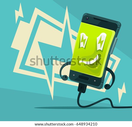 Happy smiling smart phone character full of energy and power. Vector flat cartoon illustration