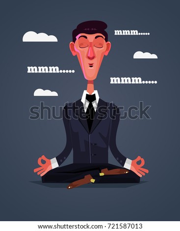 Happy smiling office worker businessman character sitting in lotus position and relaxing. Vector flat cartoon illustration