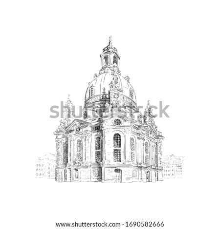 Frauenkirche, Church of our Lady in Dresden, Germany. Black and white drawing sketch. Vector illustration.